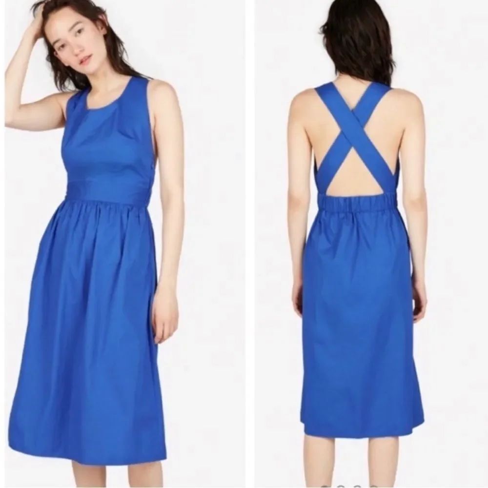 NWOT Everlane Clean Cotton Cross Back Dress Cobalt Blue
